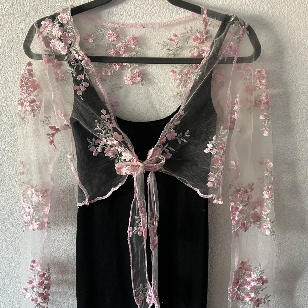 Floral Embroidered Sheer Blouse - Pink and Black